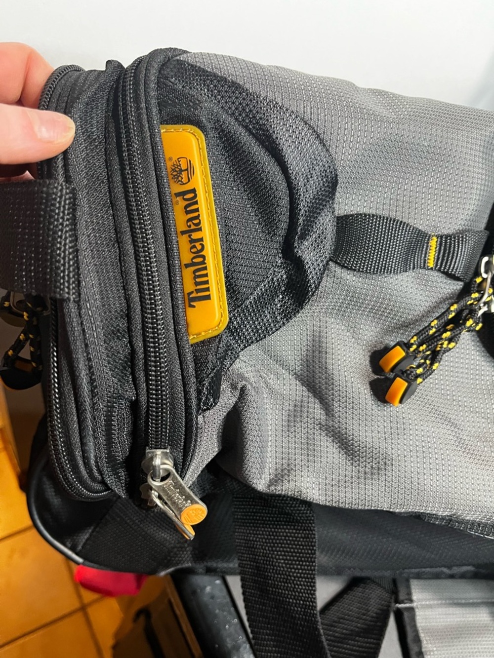 Timberland Gray and Black Duffel with Yellow Accents